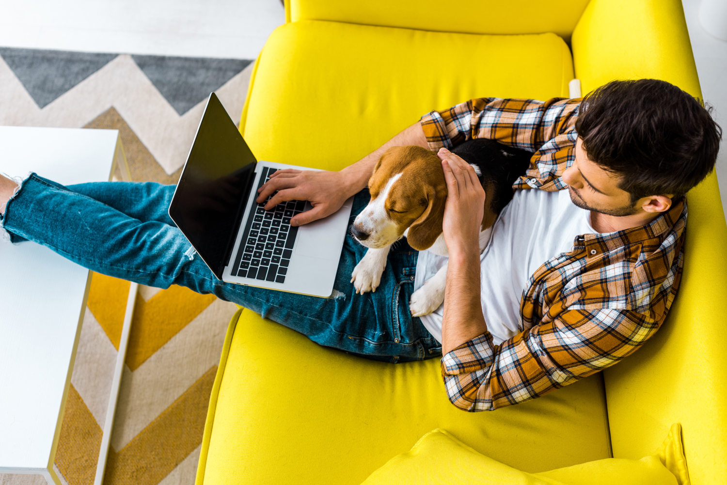 photo of a man sat on a sofa working from home with a dog